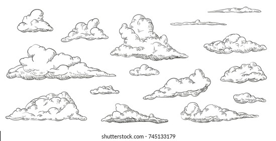 Set of clouds in hand drawn vintage retro style isolated on white background. Cartoon design elements. Vector illustration.