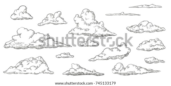 Set of clouds in hand drawn vintage retro\
style isolated on white background. Cartoon design elements. Vector\
illustration.