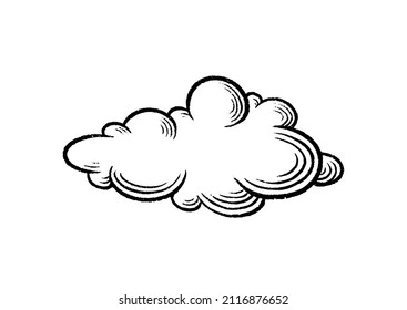 Set of clouds in handmade vintage retro style isolated on white background. Cartoon hand-drawn design elements in retro engraving style. Vector illustration.