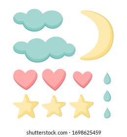 A set of clouds, hearts, stars, drops and moon. Isolated on a white background. Collection for cute design. Vector illustration.Great for  greeting cards, postcards, stickers, banners.