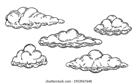 Set clouds icon or logo isolated sign symbol vector illustration. Clouds in hand drawn vintage retro style isolated on white background. Cartoon design elements.