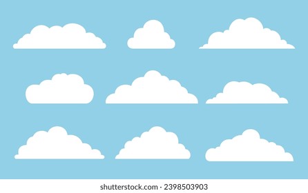 Set of clouds icons in the sky. Collection of various cloud shapes silhouette on blue background. Vector illustration