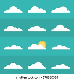 Set of clouds icons. Sun behind cloud. Vector flat illustration.