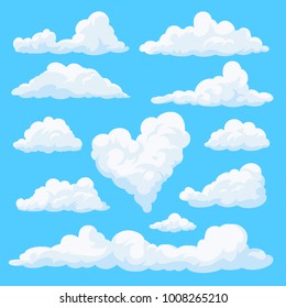 Set of clouds isolated on blue background. Fluffy clouds in the cartoon style. Daytime sky. Vector illustration.