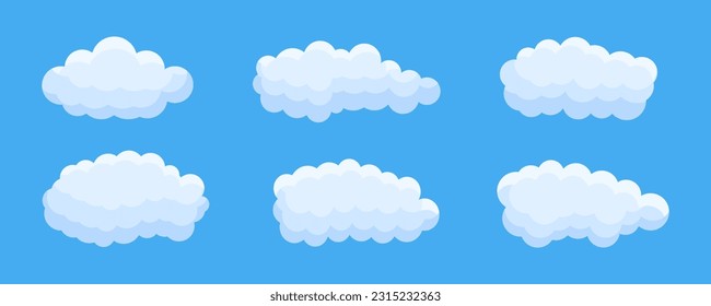 Set of clouds isolated on blue background. Cartoon cloudscape collection on blue sky. Flat vector illustration