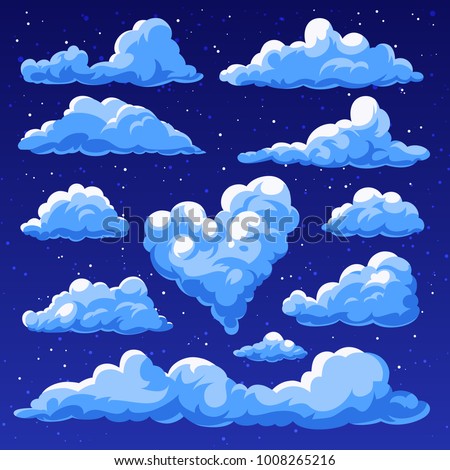 Set of clouds isolated on blue background. Fluffy clouds in the cartoon style. Night sky. Vector illustration.