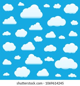 Set of Clouds Isolated on Sky Background. Seamless Pattern. Collection of clouds for Web, Poster, Placard, Wallpaper. Creative Modern Concept. Vector illustration.