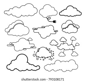 Set of clouds line art icon. Storage solution element, databases, networking. Software image, cloud and meteorology concept. Vector illustration. Isolated on white background