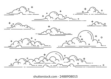 Set of clouds in line art style. collection of outline cloud illustrations