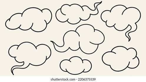 Set of clouds, line drawing, black outline. Flat design, cartoon hand drawn, pop art style.