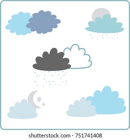 Set of clouds and moon, rain, snow. Vector illustration. Eps10