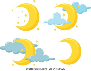 A set of Clouds and Moon vector collection on white background, Set of blue clouds with moon in the night sky, Different weather set. Vector illustration