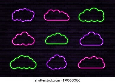 Set of clouds neon signs on the black brick wall background. Abstract electric light frame. Retro neon sign. Vector Illustration.