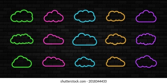 Set of clouds neon signs on the black brick wall background. Abstract electric light frame. Retro neon sign. Vector Illustration.