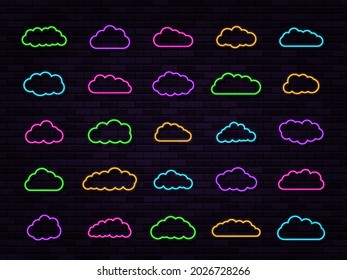 Set of clouds neon signs on the black brick wall background. Abstract electric light frame. Retro neon sign. Vector Illustration.