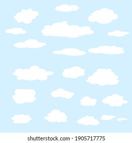 Set of clouds on a blue background. Realistic elements. Flat style vector illustration.