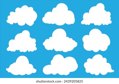Set of clouds on blue background. Isolated white clouds. Vector illustration.