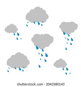 Conjunto de nubes con gotas de lluvia. El clima lluvioso. Ilustración plana, simple, vectorial.