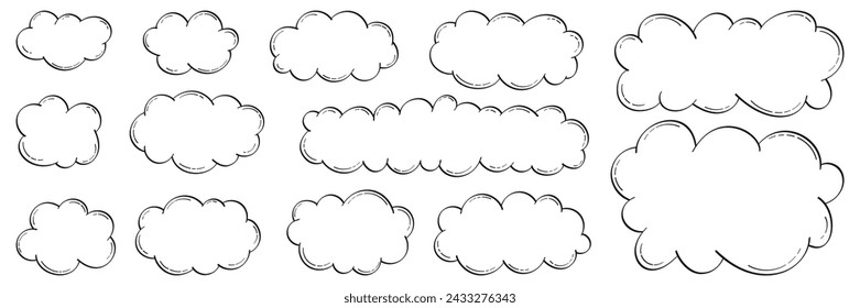 Set of clouds in retro linear style on a white isolated background. Vector doodles with place for text, hand drawn for banners, posters in comic style.