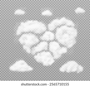 A set of clouds in the shape of a heart on a transparent background. The heart is made up of fluffy white clouds. There are a few smaller clouds around the heart. PNG vector background.