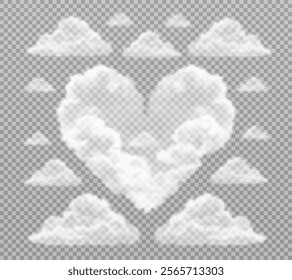 A set of clouds in the shape of a heart on a transparent background. The heart is made up of fluffy white clouds. There are a few smaller clouds around the heart. PNG vector background.