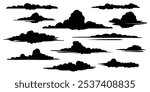 A set of clouds silhouette isolated on a white background. Graphic weather sky cloud collection Vector hand-drawn illustration.