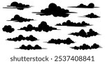 A set of clouds silhouette isolated on a white background. Graphic weather sky cloud collection Vector hand-drawn illustration.