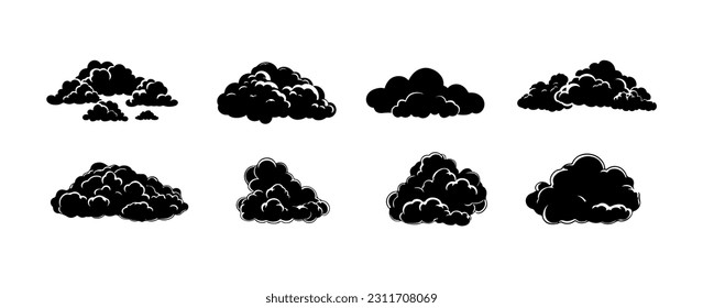 Set of clouds silhouette isolated on white background. Graphic weather sky cloud collection. Vector illustration