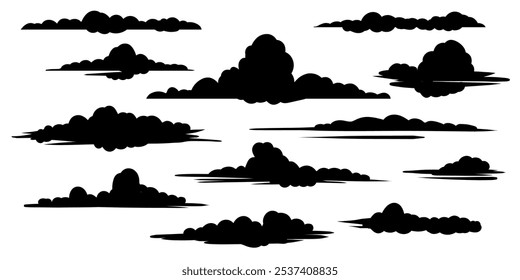 A set of clouds silhouette isolated on a white background. Graphic weather sky cloud collection Vector hand-drawn illustration.