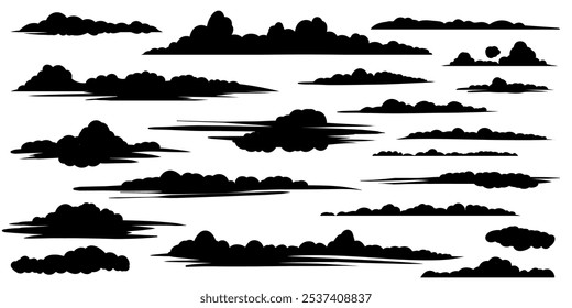 A set of clouds silhouette isolated on a white background. Graphic weather sky cloud collection Vector hand-drawn illustration.