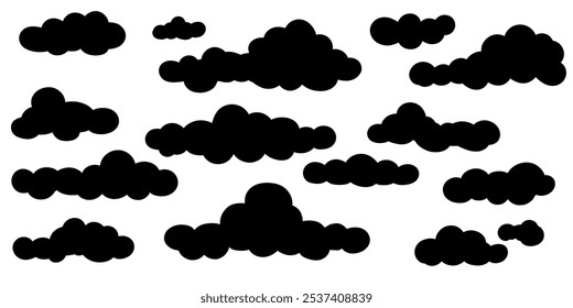 A set of clouds silhouette isolated on a white background. Graphic weather sky cloud collection Vector hand-drawn illustration.