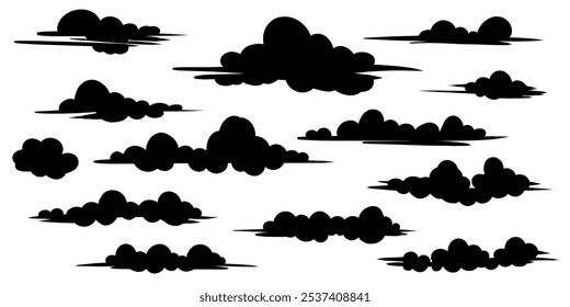 A set of clouds silhouette isolated on a white background. Graphic weather sky cloud collection Vector hand-drawn illustration.