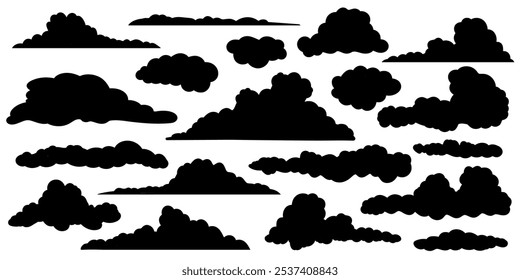 A set of clouds silhouette isolated on a white background. Graphic weather sky cloud collection Vector hand-drawn illustration.