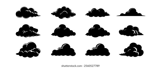 Set of clouds silhouette isolated on white background. Graphic weather sky cloud collection. Vector illustration