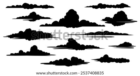 A set of clouds silhouette isolated on a white background. Graphic weather sky cloud collection Vector hand-drawn illustration.