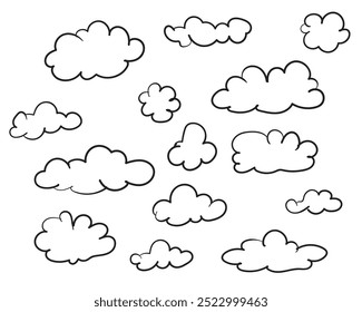 Conjunto de nubes dibuja a mano dibujado doodle Vector aislado sobre fondo blanco. 
