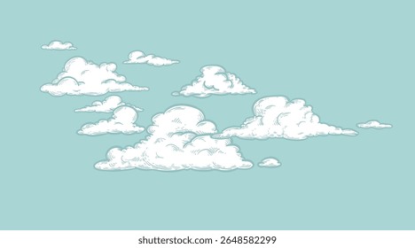 Conjunto de nubes en boceto dibujado a mano estilo retro vintage. Fondo azul de paisaje nuboso. Ilustración vectorial.