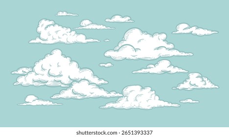 Set of clouds in sketch hand drawn vintage retro style. Cloudscape blue background. Vector illustration.