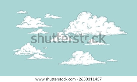 Set of clouds in sketch hand drawn vintage retro style. Cloudscape blue background. Vector illustration.