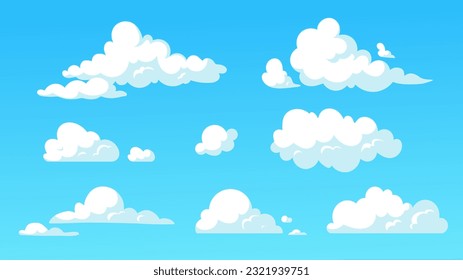 Set of clouds in sky. Anime and manga style background and wallpaper. Beautiful natural panorama and landscape. Summer and spring season. Cartoon flat vector collection isolated on blue background