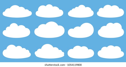 Set of clouds in sky. Collection of white clouds on blue background. Graphic vector design element for logo, label, web and print.