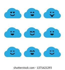 Set of clouds with smiles. Nine blue clouds with different emoji. Vector illustration
