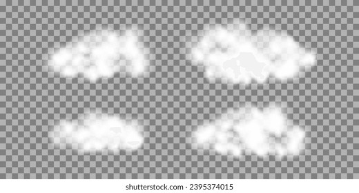 Set of clouds or smoke on isolated transparent background. Vector realistic illustration.