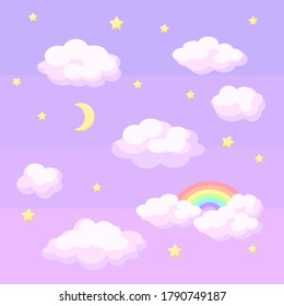 Set of clouds, stars, rainbow, and moon stickers. Dreamy sky nursery children clip art. Flat style vector design.