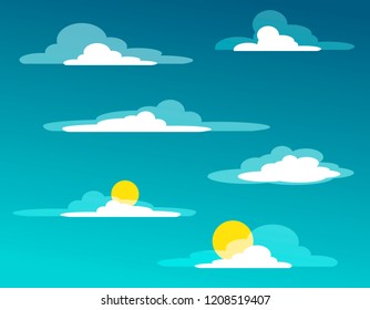 Set of clouds in the style of flat with the sun and without the sun