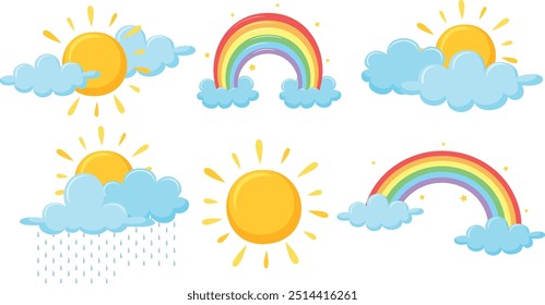 A set of Clouds, Sun and Rainbow vector collection on white background, Set of blue clouds with the Sun and rainbow in the sky, Different weather set. Vector illustration.