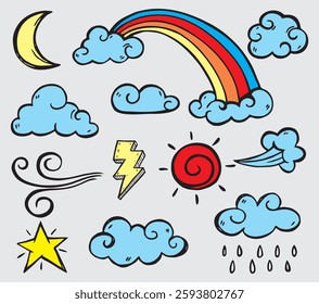 A set of clouds of various shapes. Cartoon clouds to place in the sky.