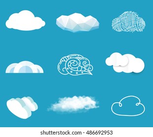 Set of clouds in various styles on blue background. Vector illustration in flat, realistic, tribal, geometric, cartoon, isometric, polygonal, paper style.