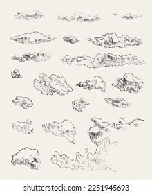 Set of clouds, vector illustration, hand drawn, sketch