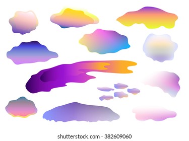 Set of clouds vector illustration, multicolored clouds, vector illustration for weather, colorful sky objects, set of isolated cloud elements, colorful clouds, sunset clouds, flat style cloud icons
